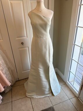 Amsale One-Shoulder Mint Faille Evening Gown